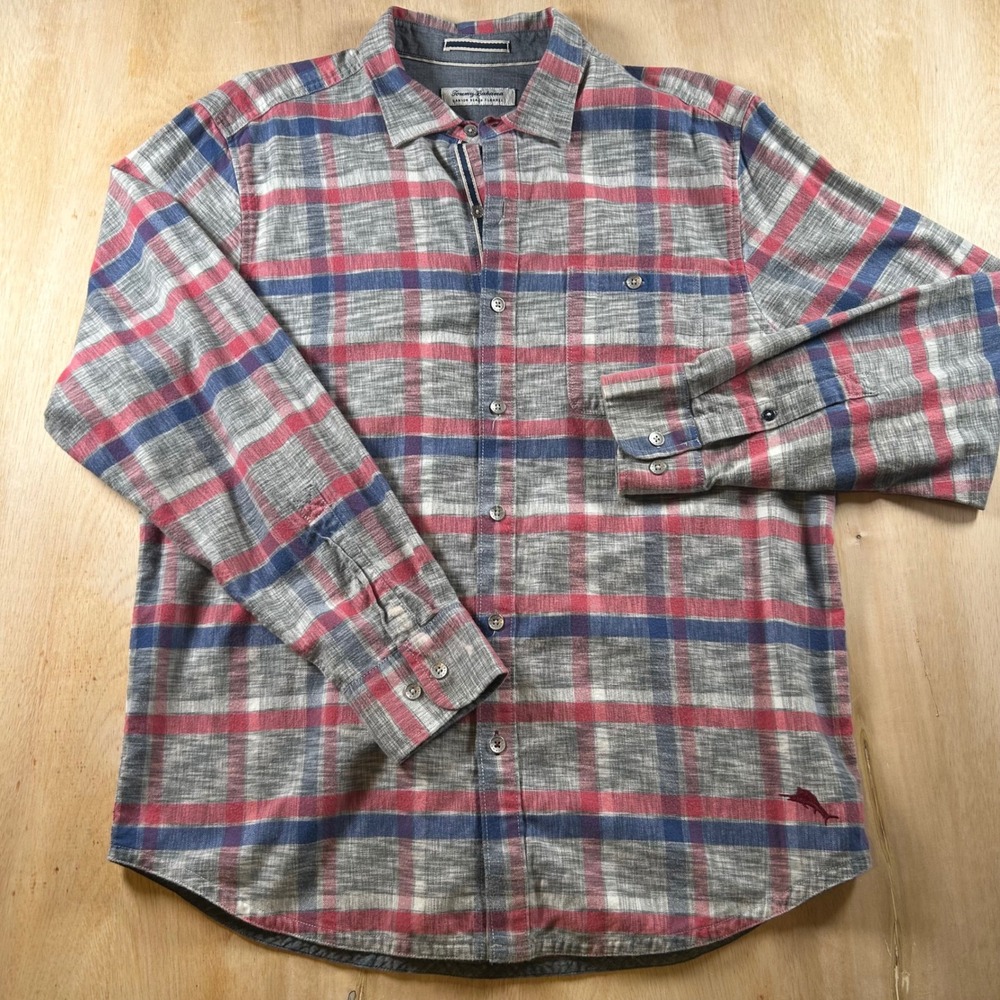 Tommy Bahama Canyon Beach Flannel Shirt Mens Large Red Blue Plaid Cotton
